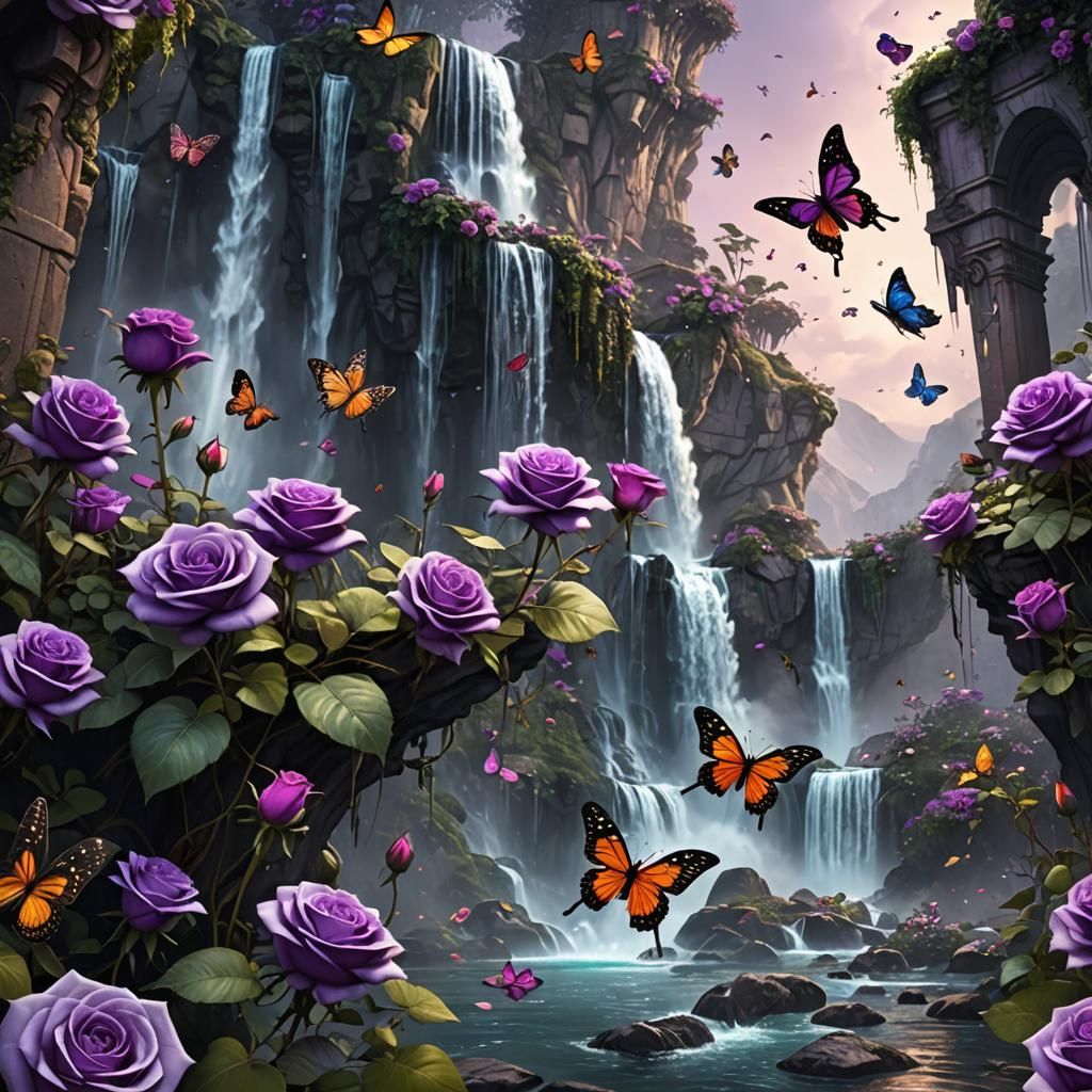 Purple Roses and Butterflies by Waterfalls