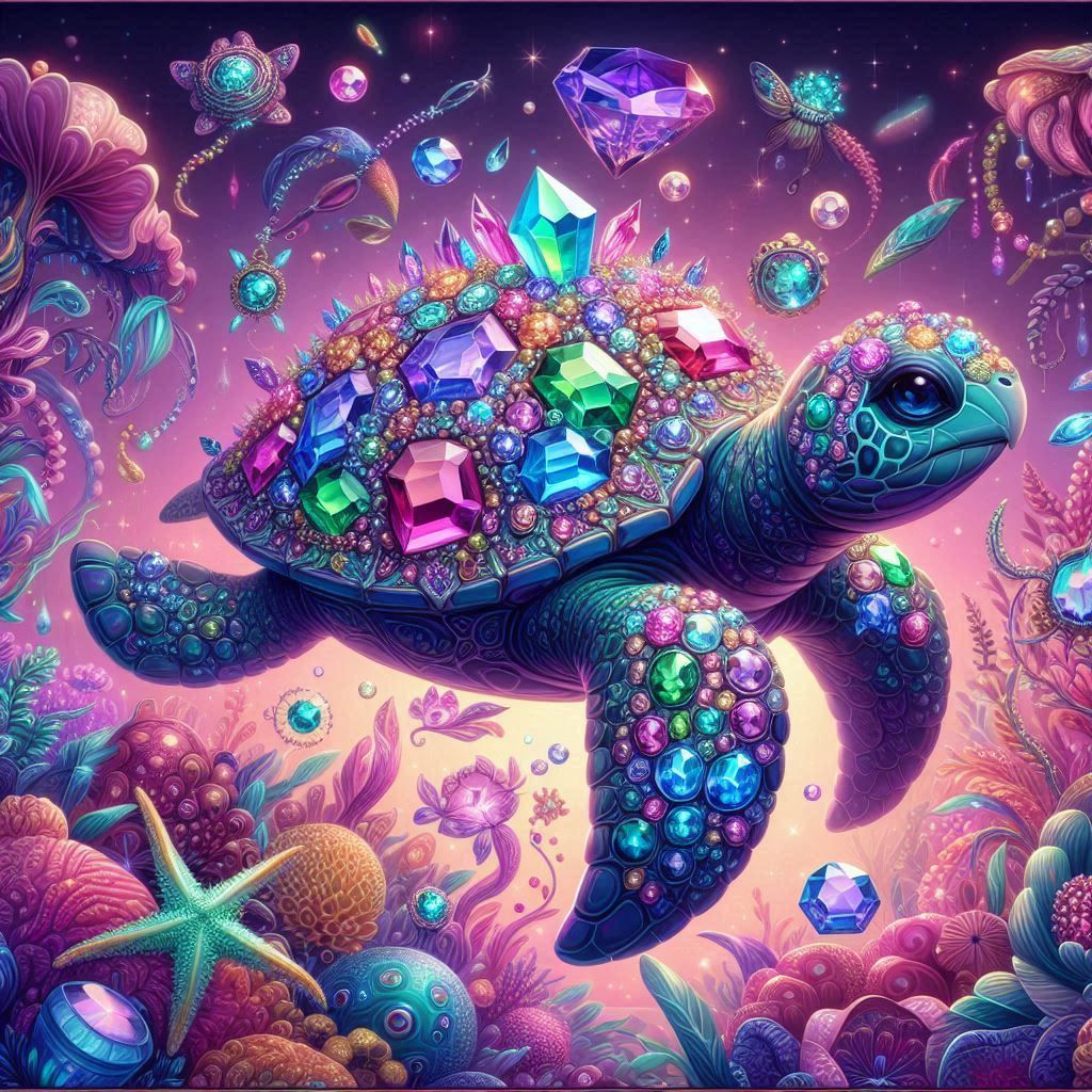 A whimsical goth crystal gemstone goth punk sea turtle adorned with intricate, colorful details, presented in a vibrant cutecore aesthetic. ...