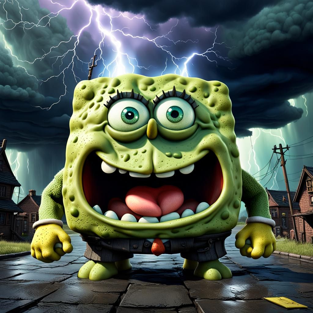 "an aggressive but cute exaggerated Patrick (sponge bob),  i...