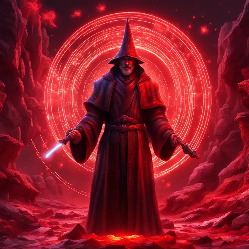 A digital art wizard with 8K resolution magic red ligth powe...