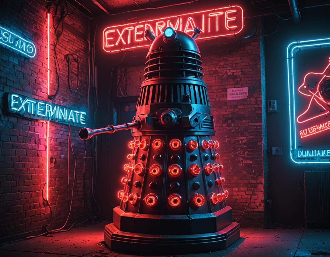 Neon images of a neon lit sign with the text 'EXTERMINATE' and a neon ...