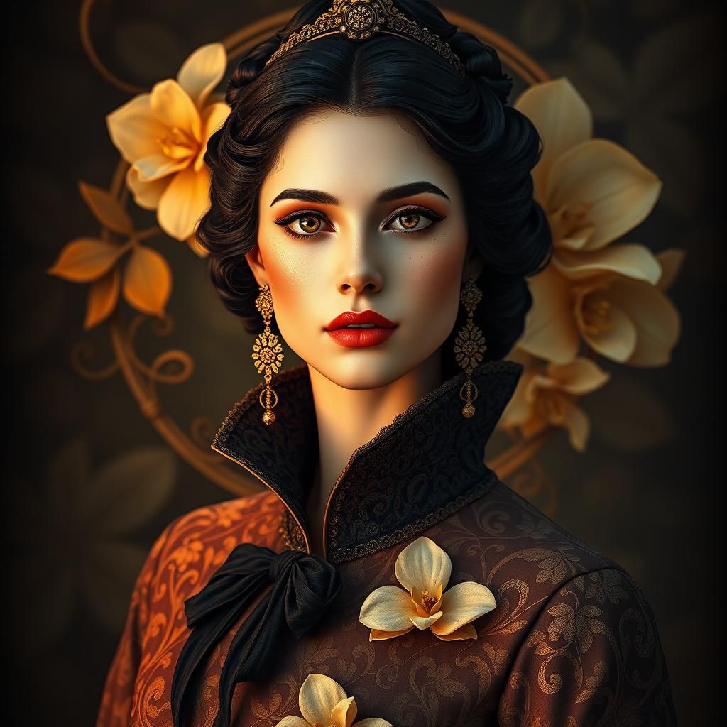 Nero Assoluto, woman's portrait inspired by: Orchid, Citruses, Vanilla, Ebony; stunning; Victorian Era; Neo Victorian 