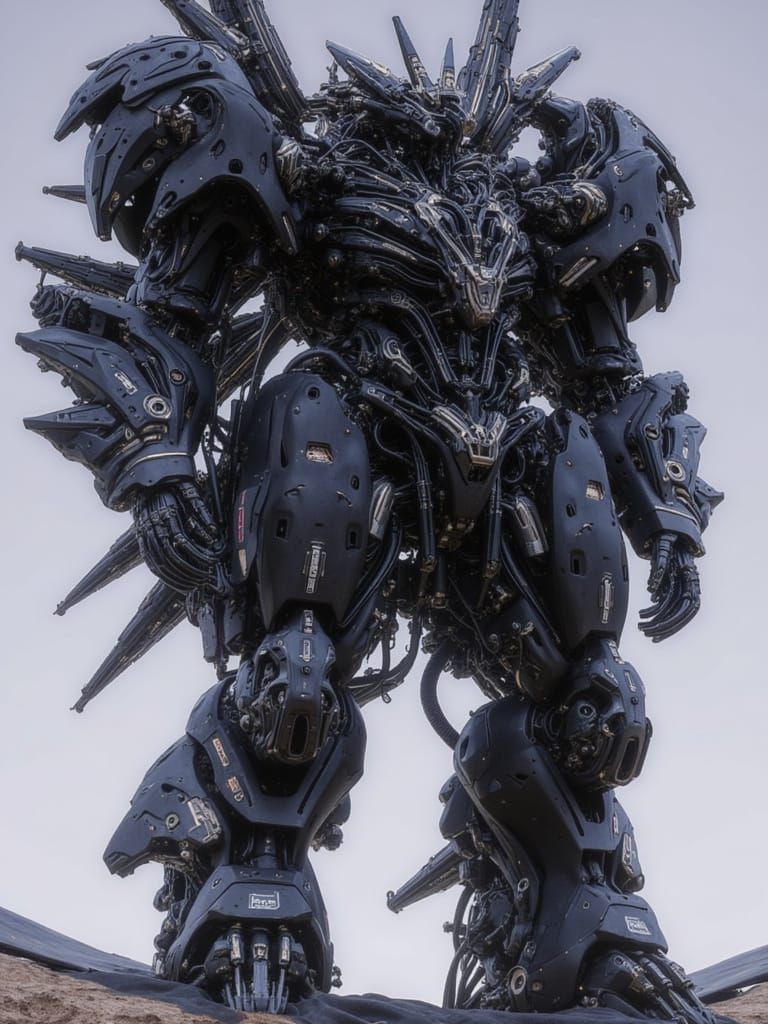 <lora:Predatory Mecha II:1.0> A black mecha mech with numerous weapons on its body, featuring a hard surface style made of metal materials. ...