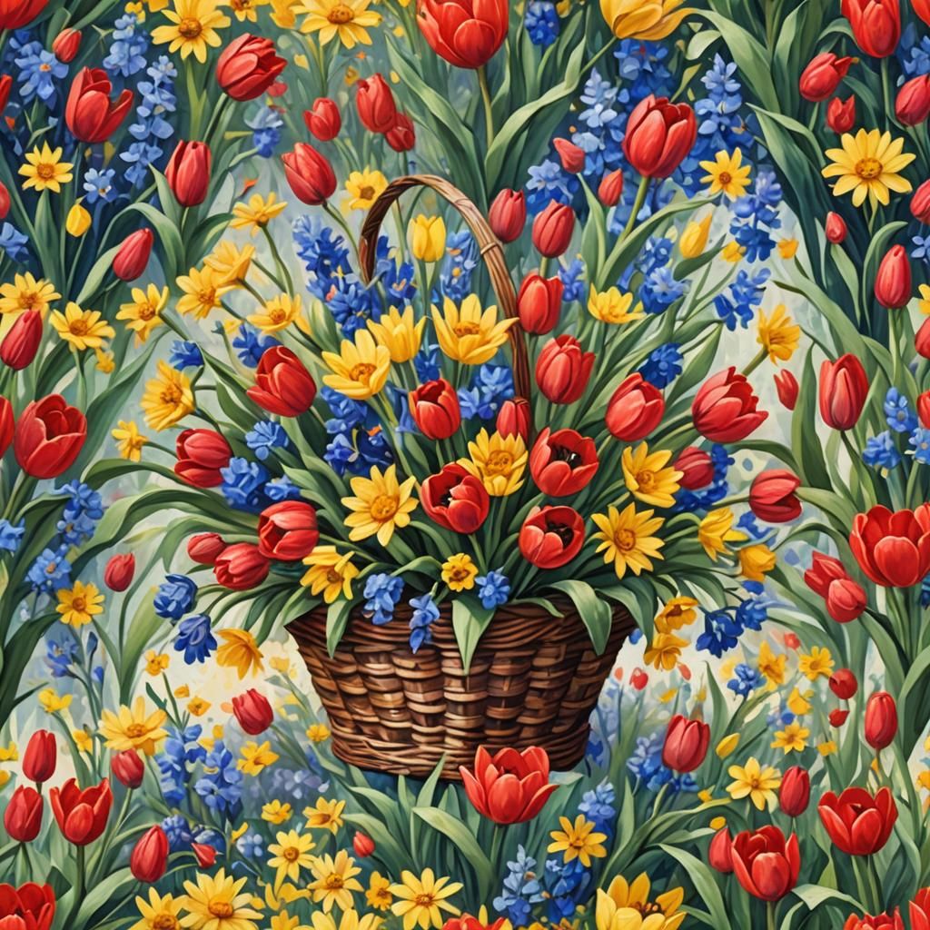 Cartoon flower basket,  red tulips,  yellow daisies,  blue b...