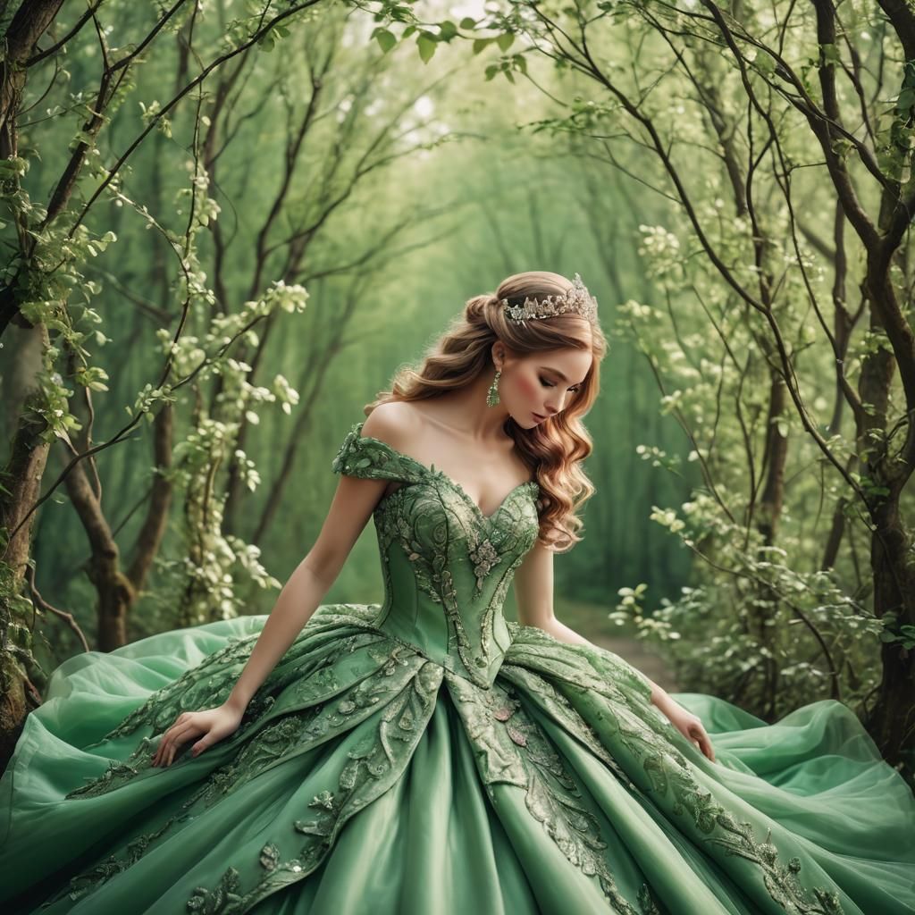 beautiful girl in a green fantasy ball gown