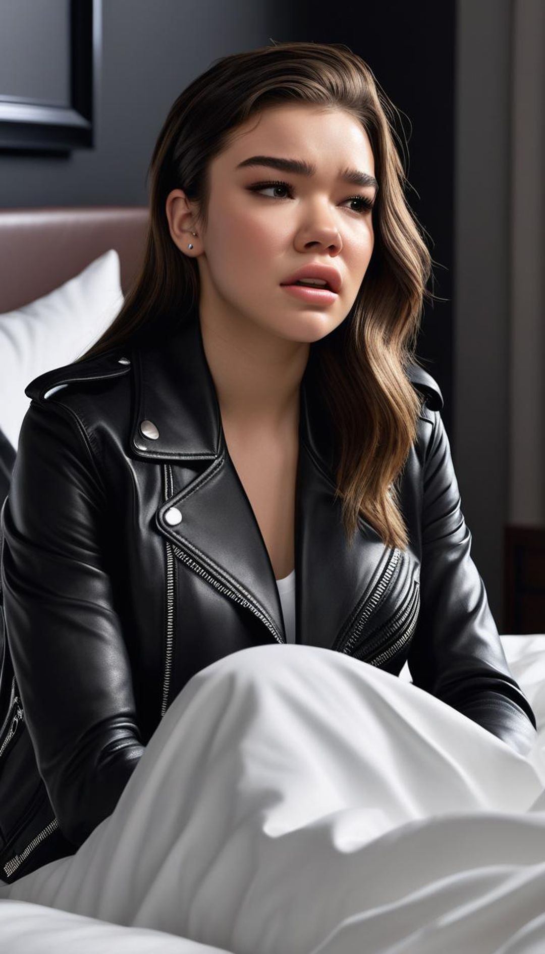 Sad Hailee Steinfeld, crying in her leather jacket 2 - AI Generated ...