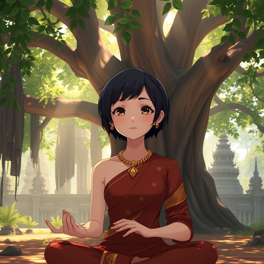 Peaceful Anime Scene: Thai Woman Meditating in Temple
