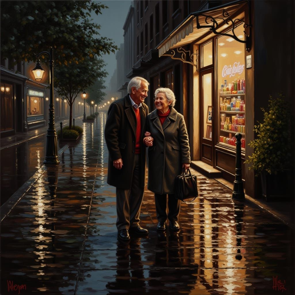 Masterpiece 🏆, A profoundly tender and timeless oil painting rendered with exquisite, visible impasto brushstrokes, depicting an elderly cou...