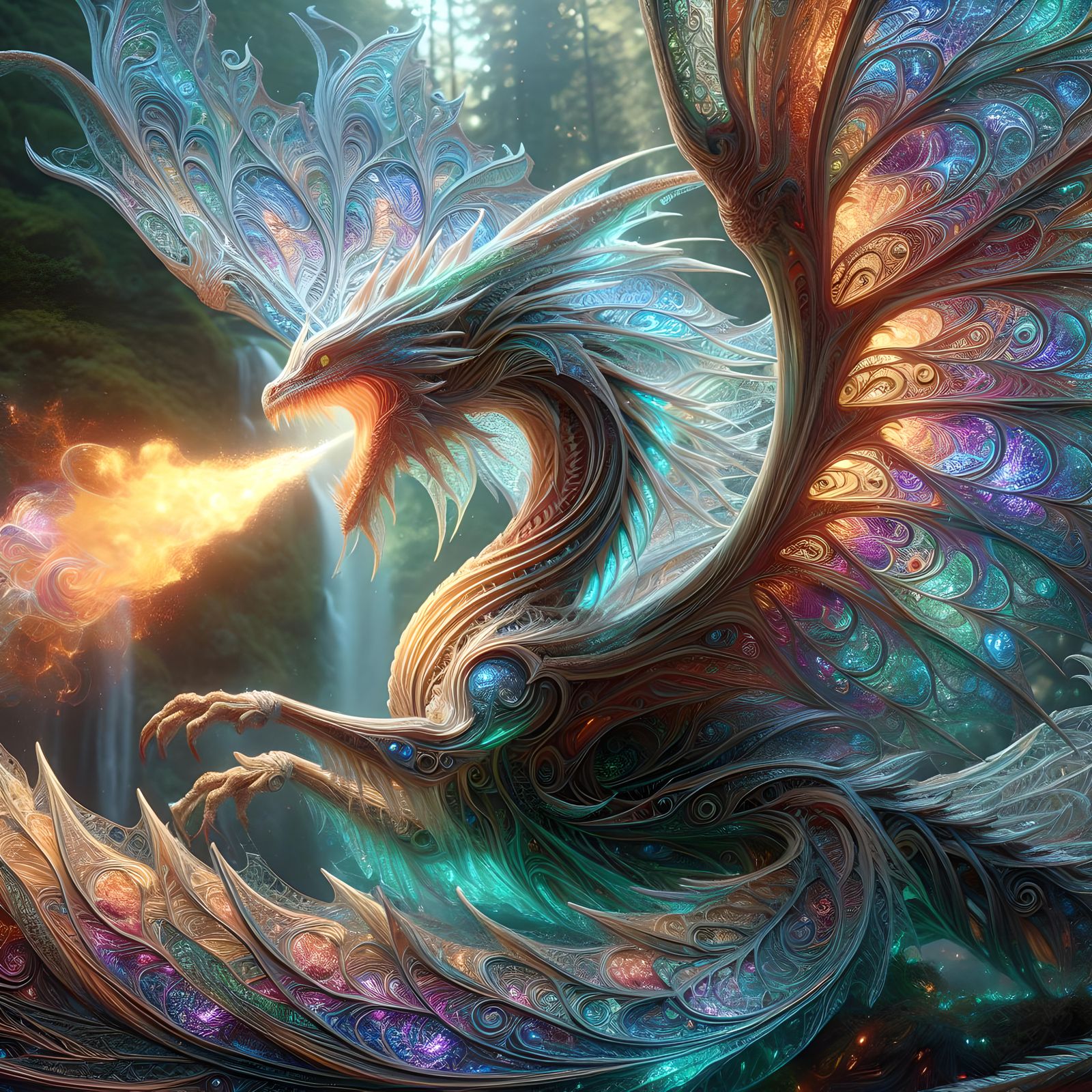 Dragon breathing fire colored lace-like wings