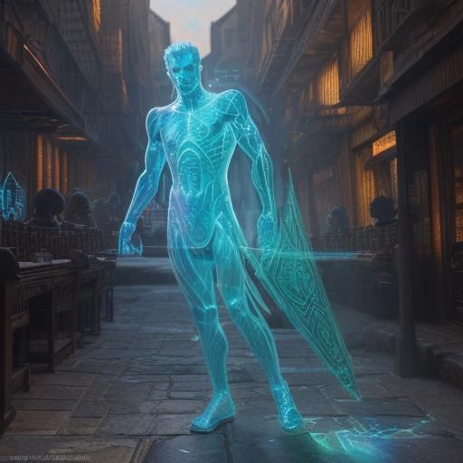 Holographic transparent body outline Gilgamesh body in HDR, splash art, color depth, full body shot, ...  by @David