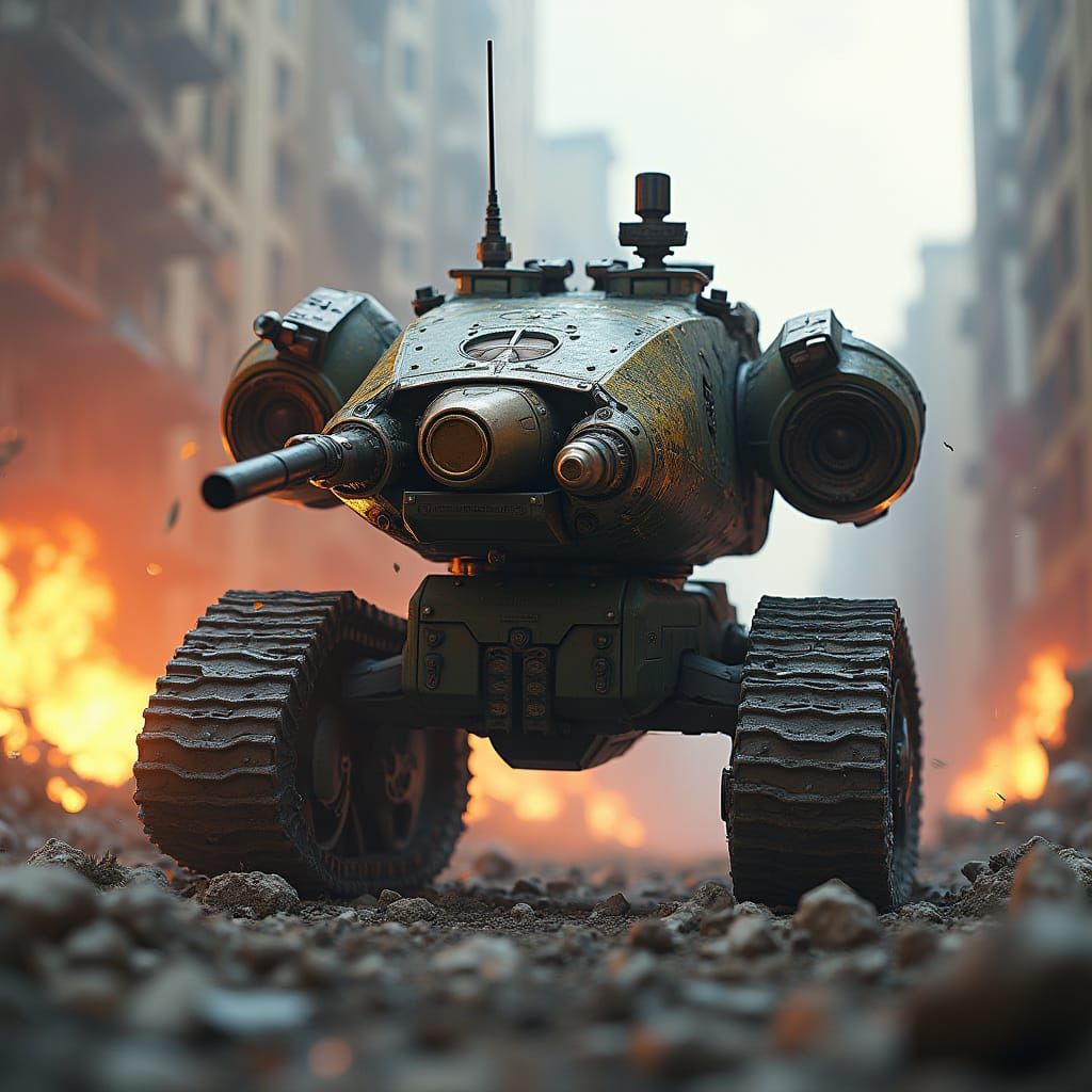 Battle-Scarred Robotic War Machine Dominates Ruined Urban La...
