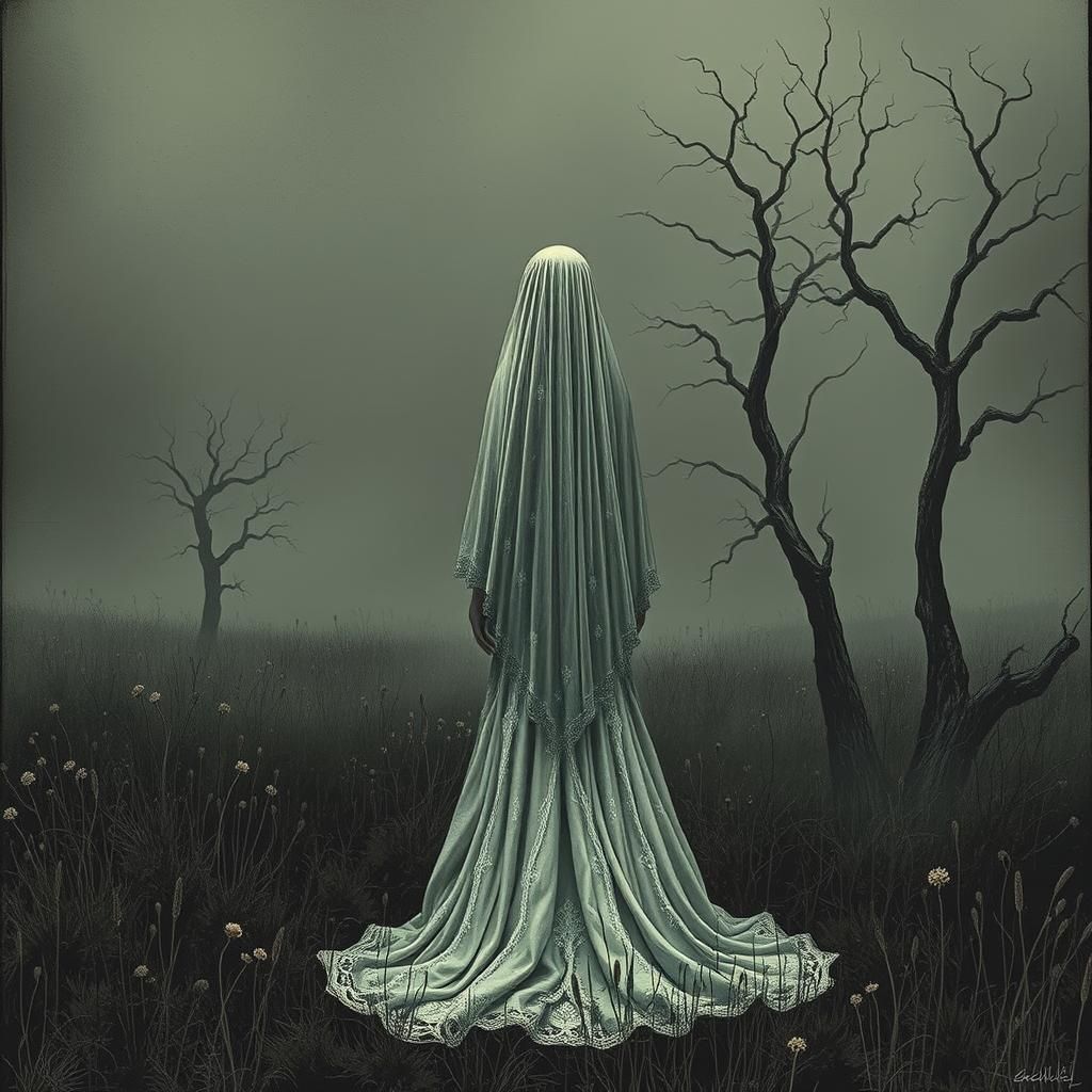 Haunting Veiled Bride in Overgrown Meadow, Mystical Surreali...
