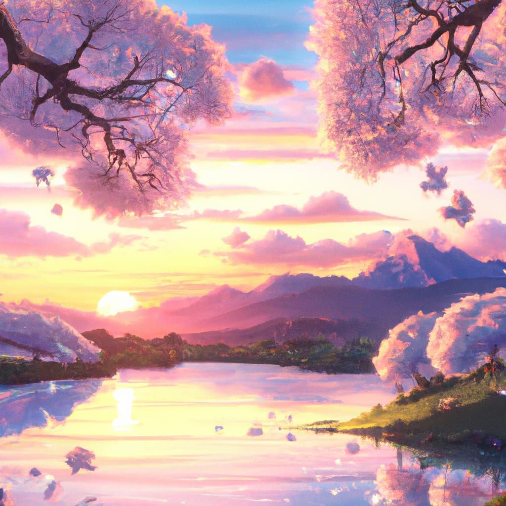Cherry blossom over a lake with sunset and mountains  undefined