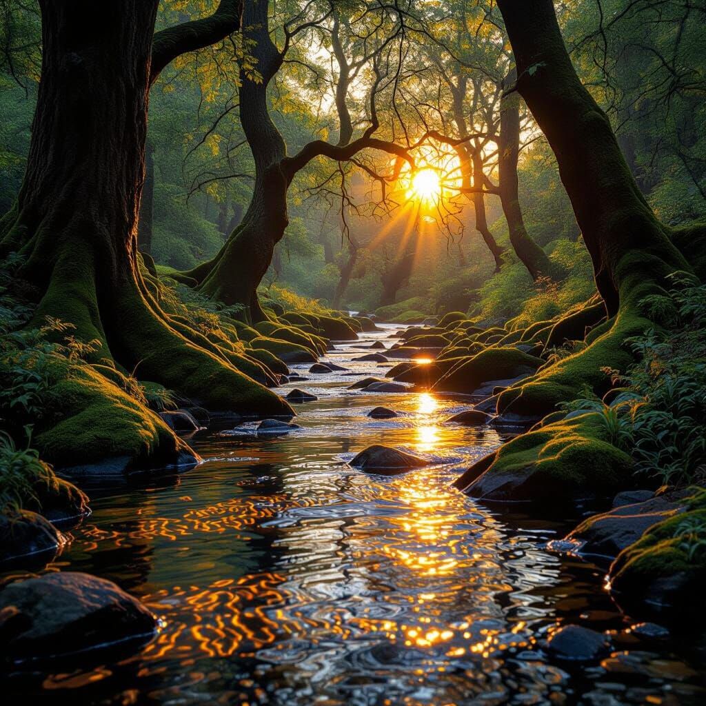 A tranquil forest scene at sunset. A clear stream meanders through ancient trees, and the setting sun's ...  by @Julien