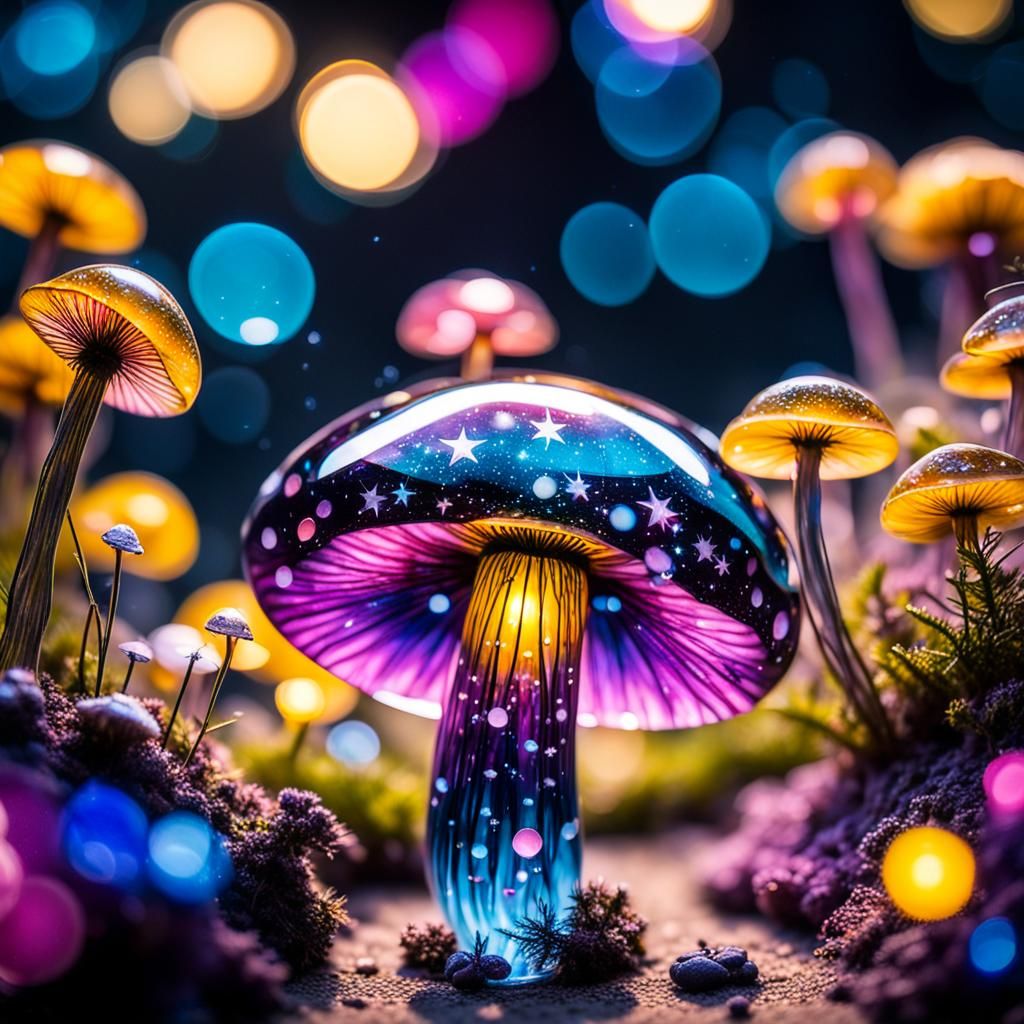 a glass mushroom that is full of galaxies and stars. main co...