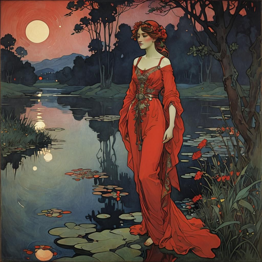Lady in red standing by a lake at midnight