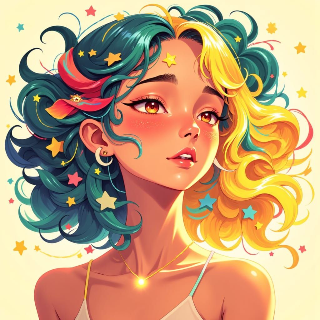Illustrative star woman of warm colors <lora:Anna Illustrious:1.0>
