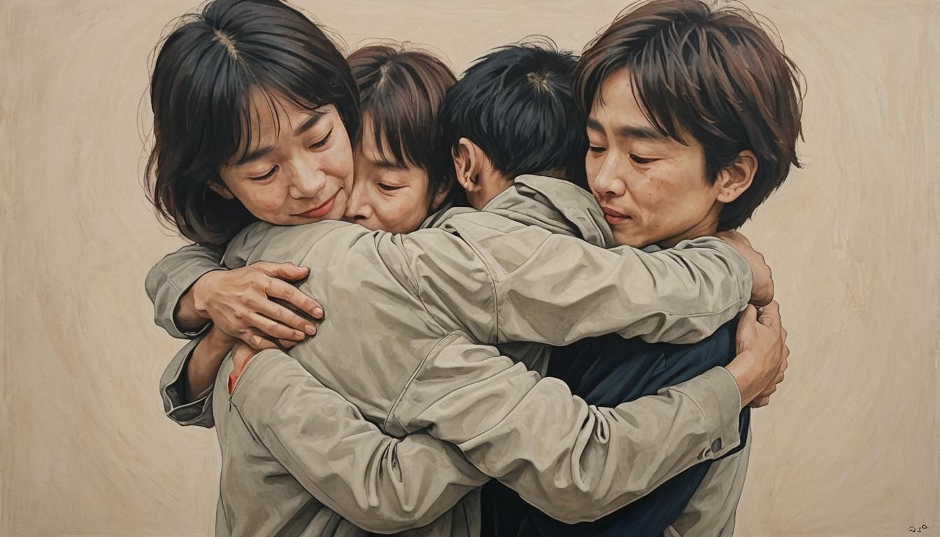 a painting that shows two person hugging