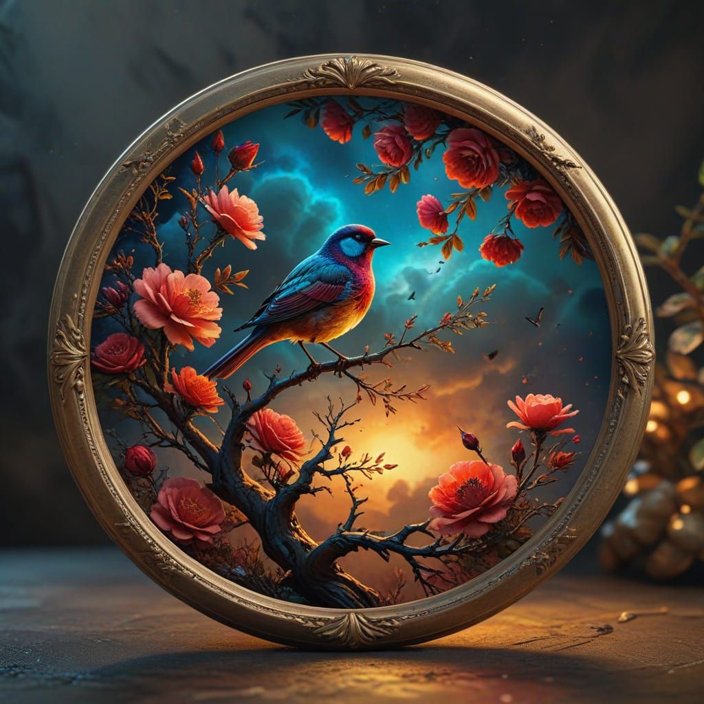  alcohol ink art blue tint, Circular design of clouds, red-Moss Rose flowers, and a tree with a bird sitting on a twisted branch, Surrounded...