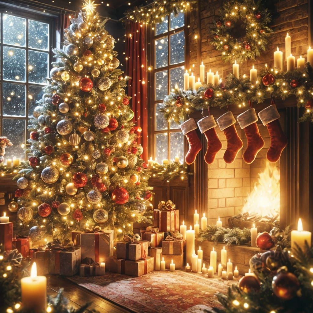 A cozy Christmas scene glowing with warm holiday spirit — a beautifully decorated tree covered in twinkling ...  by @Amber Alder