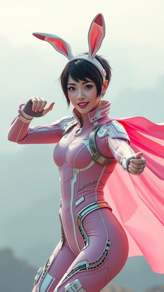 Asian Woman in Cyberpunk Exosuit Pose