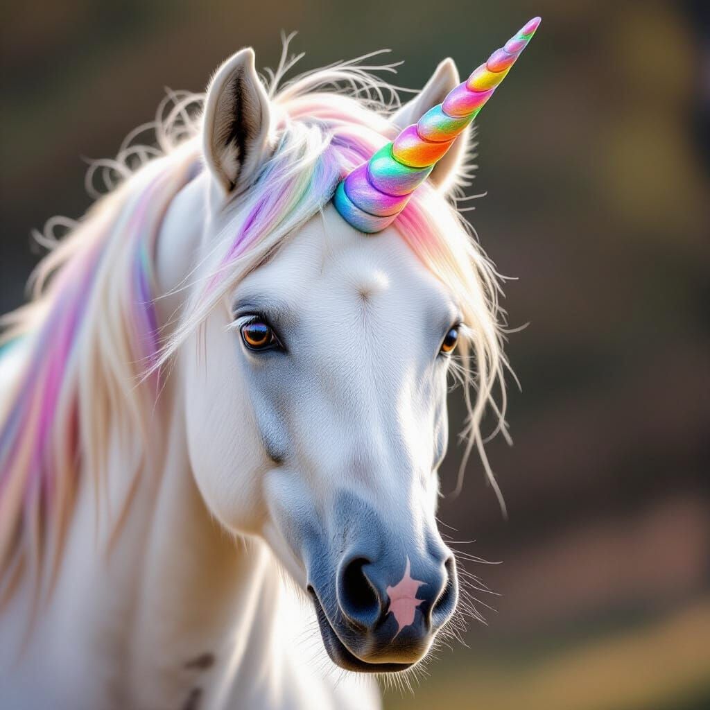 Majestic Unicorn Close-Up with Rainbow Mane and Amethyst Hor...