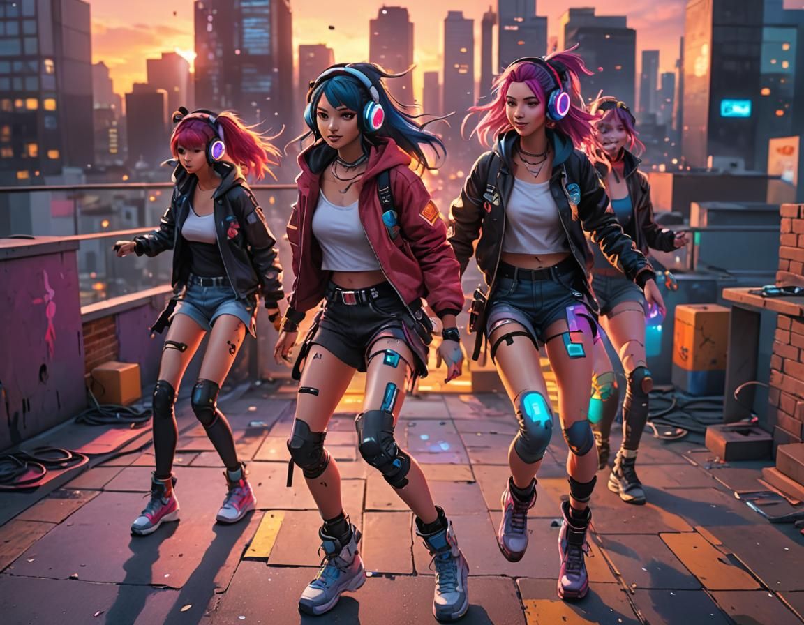 close up of anime cgi vibrant colorful lighting spot effects cool cyberpunk  hero girl kneepads headphones dancing with friends with one le... - AI  Generated Artwork - NightCafe Creator