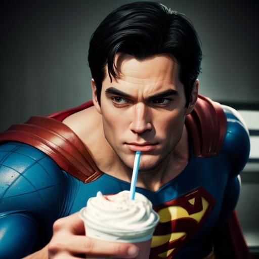 Superman guiltily drinking a milkshake.