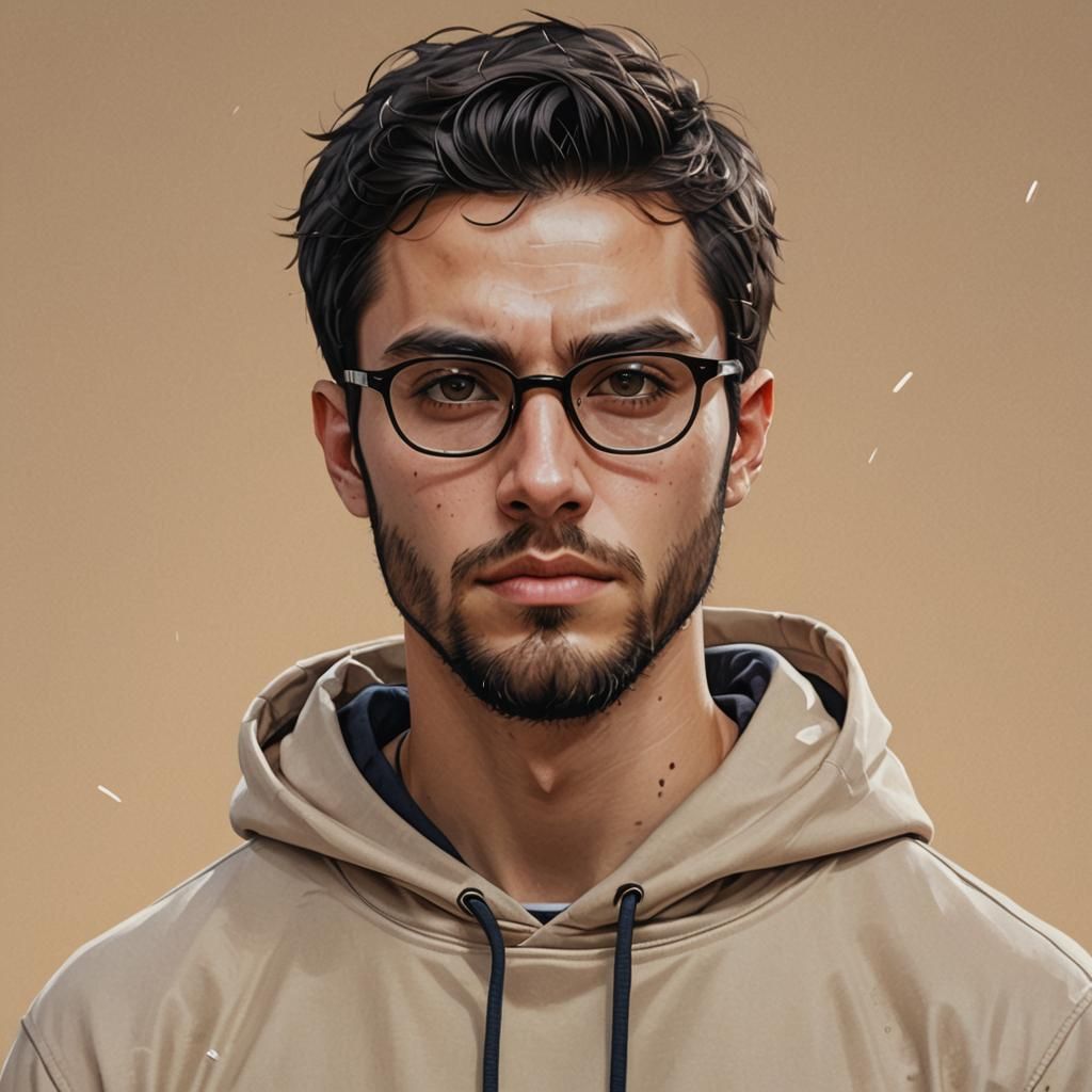 black glasses, 28 year old man, short trimmed beard, black h...