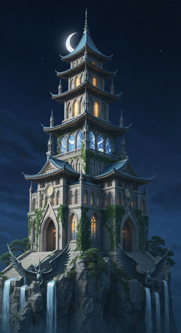 A towering hybrid pagoda of Eastern and Western style perched on a cliffside at starry night