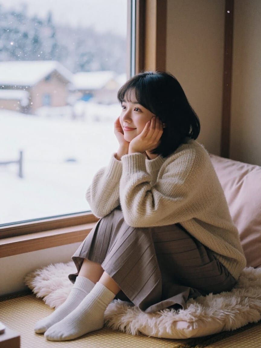 Petite Thai Woman Gazes at Snowy Landscape