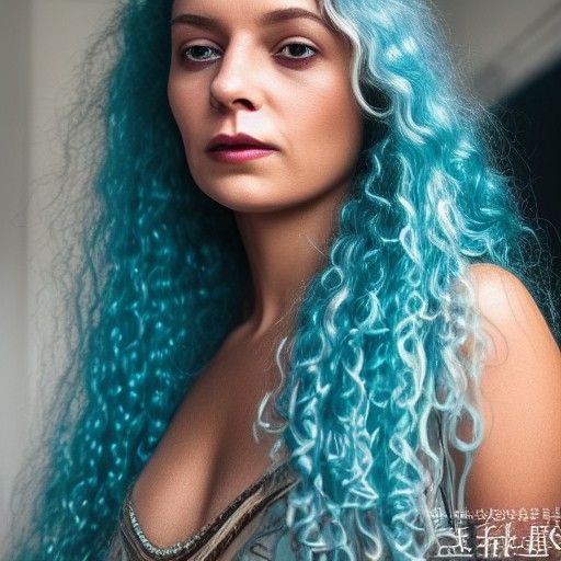 Portrait; sky-blue-skinned woman with loose, long, curly tea...