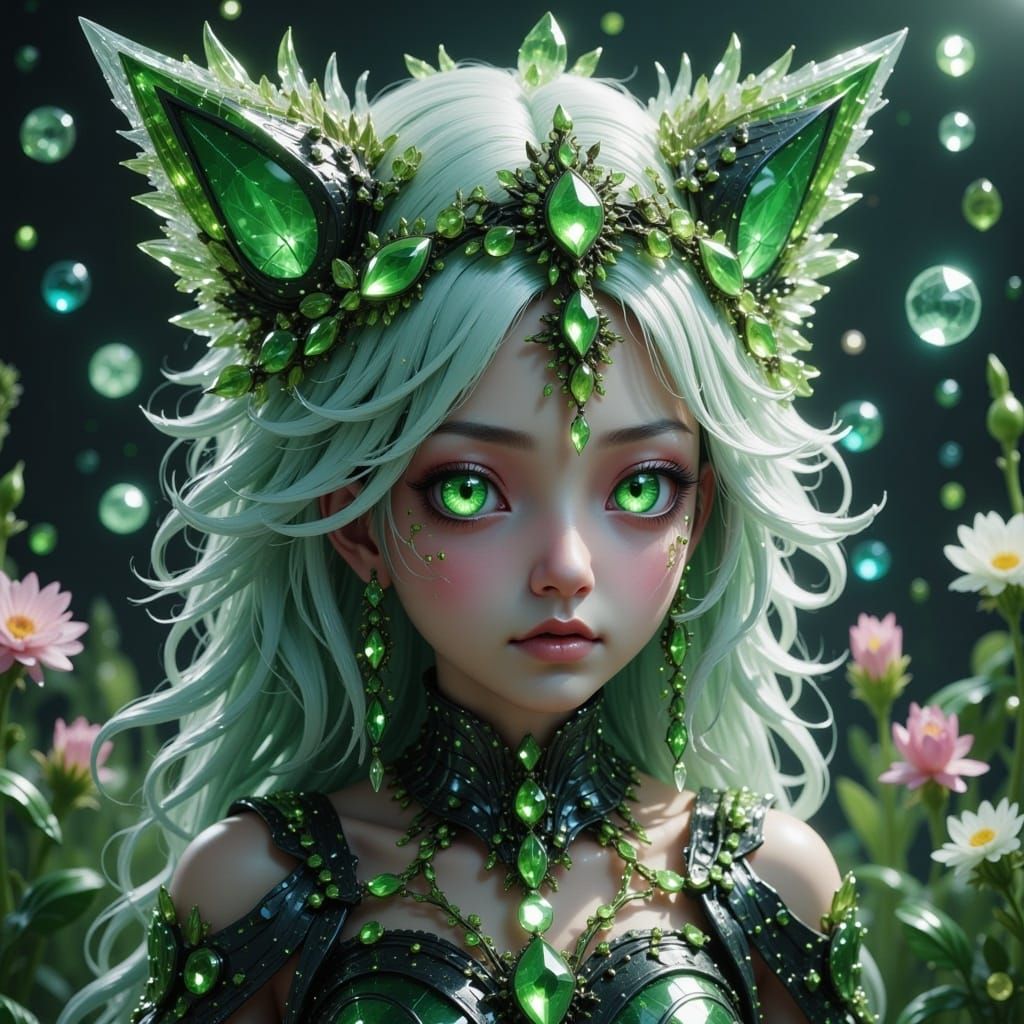<lora:Glass Aesthetics Fx:1.0>, cat girl, anthropomorphic cat girl, lush flora, green glowing flower eyes, long hair, detailed head and shou...