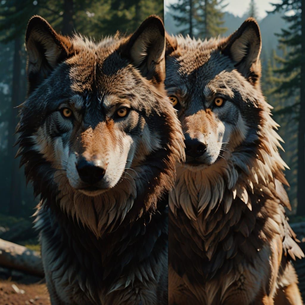 A split screen image:left half is a wolf,right half is a eagle, cinematic lighting 