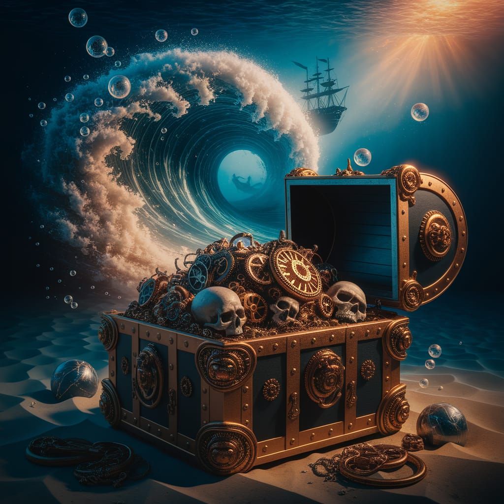 A deep-sea diver in an ornate, steampunk-style diving suit holds an ancient, intricately decorated treasure chest covered in gears, skulls, ...
