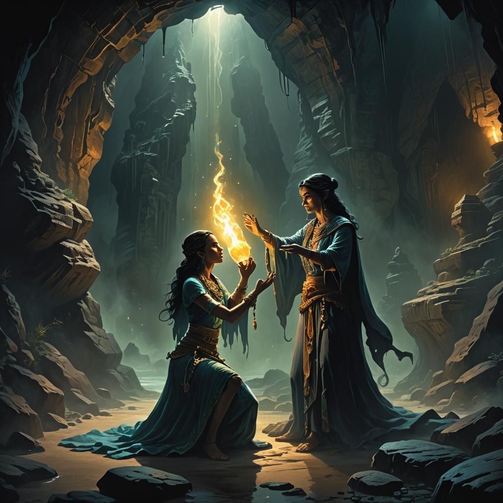 A DnD-style image of a female genie in a bottle warlock, eme...