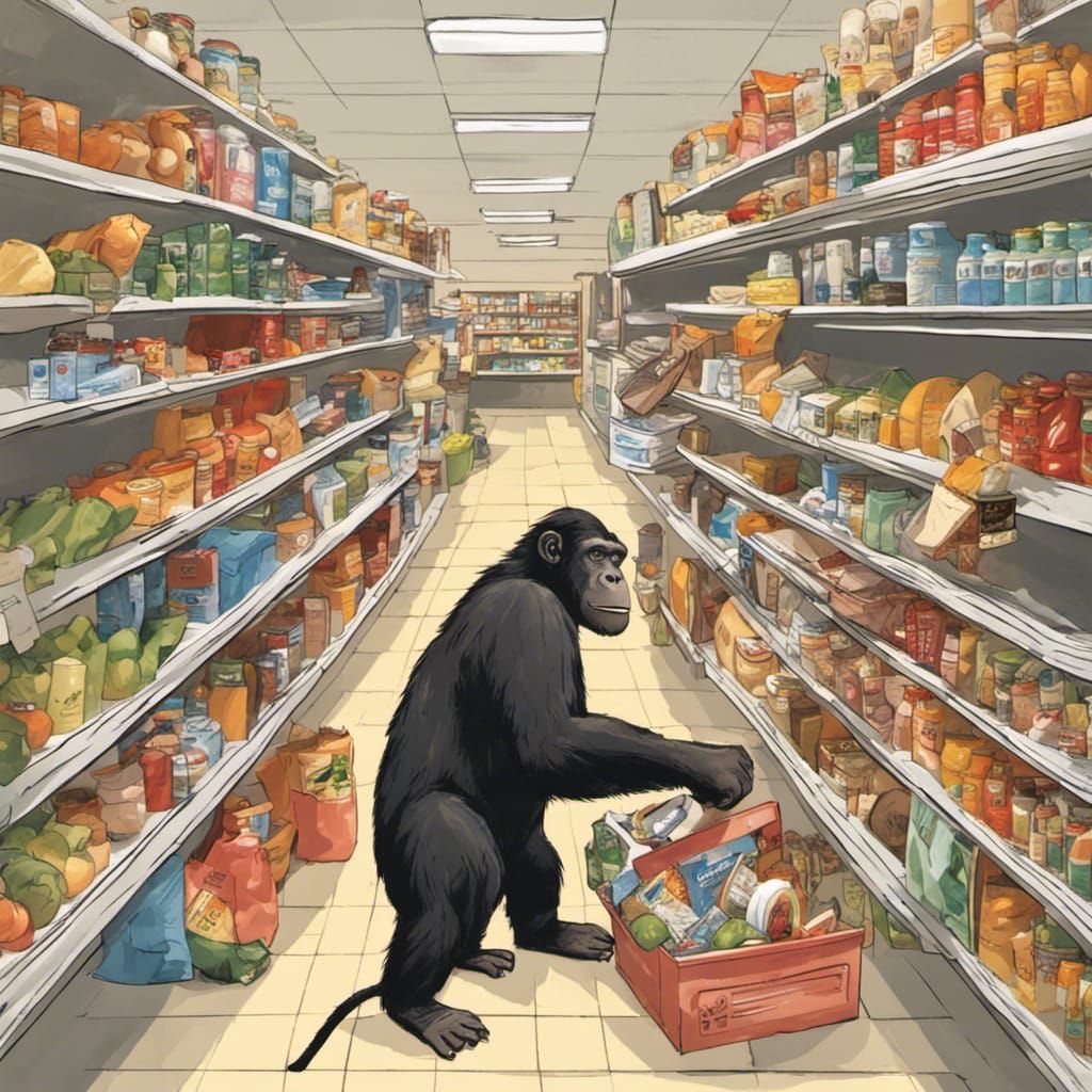 Grocery store with monkey cashiers, gorilla janitor, giraffe...
