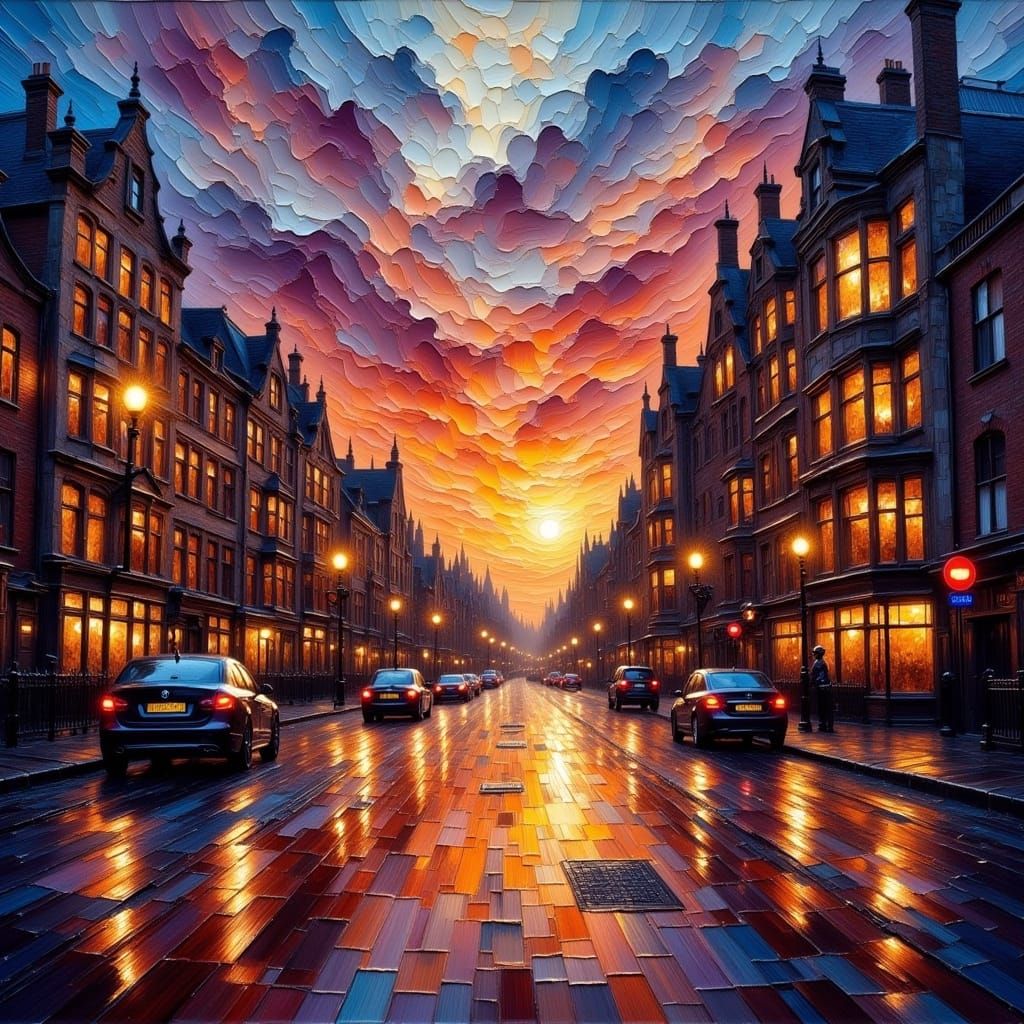 Impressionistic Cityscape at Dusk Buildings Blur into a Symphony of Color