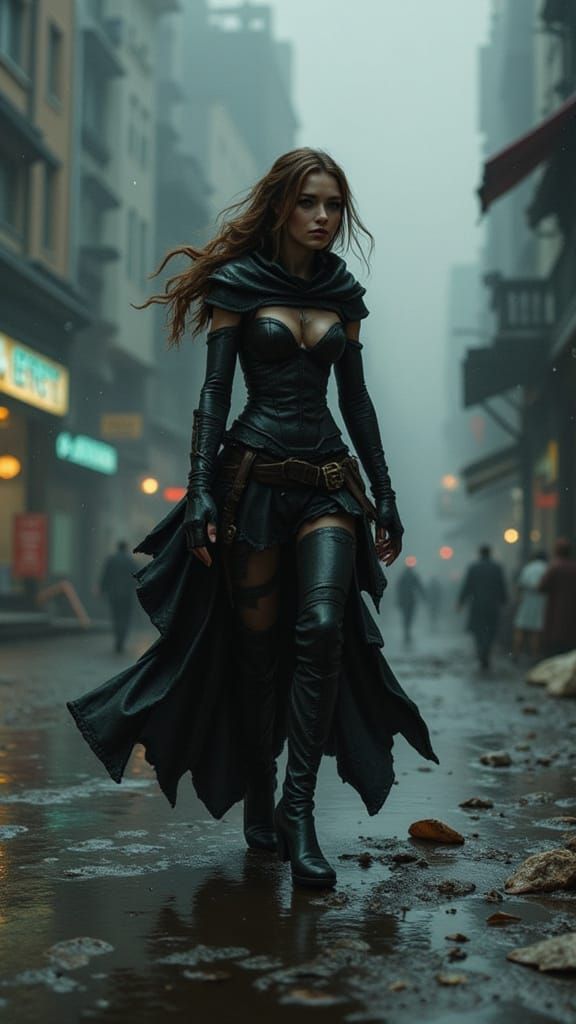 Medium shot of a female sci-fi protagonist in a cyberpunk city on a rainy evening. <lora:Caffeine Critters:1.0>
