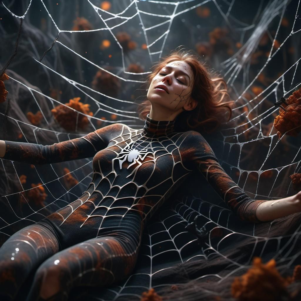 A woman lying in a heap in a large spiders web, particals of...