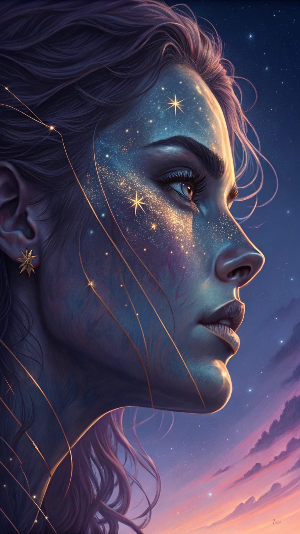 Surreal Goddess in Dark Blue and Gold, Celestial Beauty in M...