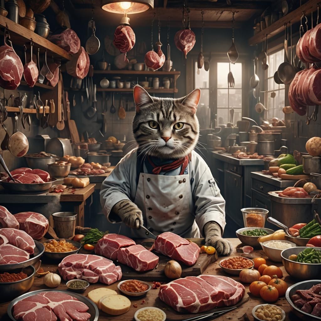 Hyperdetailed butcher cat is preparing his meal Epic cinematic brilliant stunning intricate meticulously ...  by @PeteArtwork