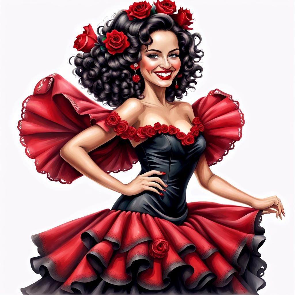 airbrush illustration of a beautiful smiling Spanish senoritta, style