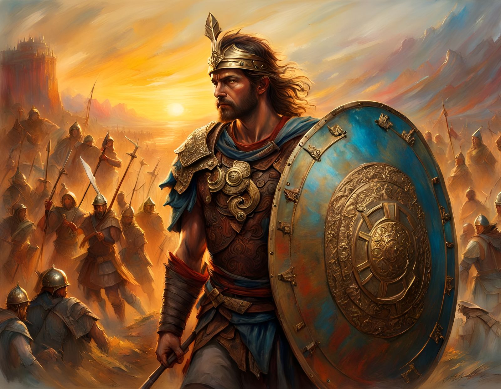 Ancient warrior holding a highly detailed ultra realistic bronze shield against his ultra realistic enemies, ...  by @JACK ANDREASEN