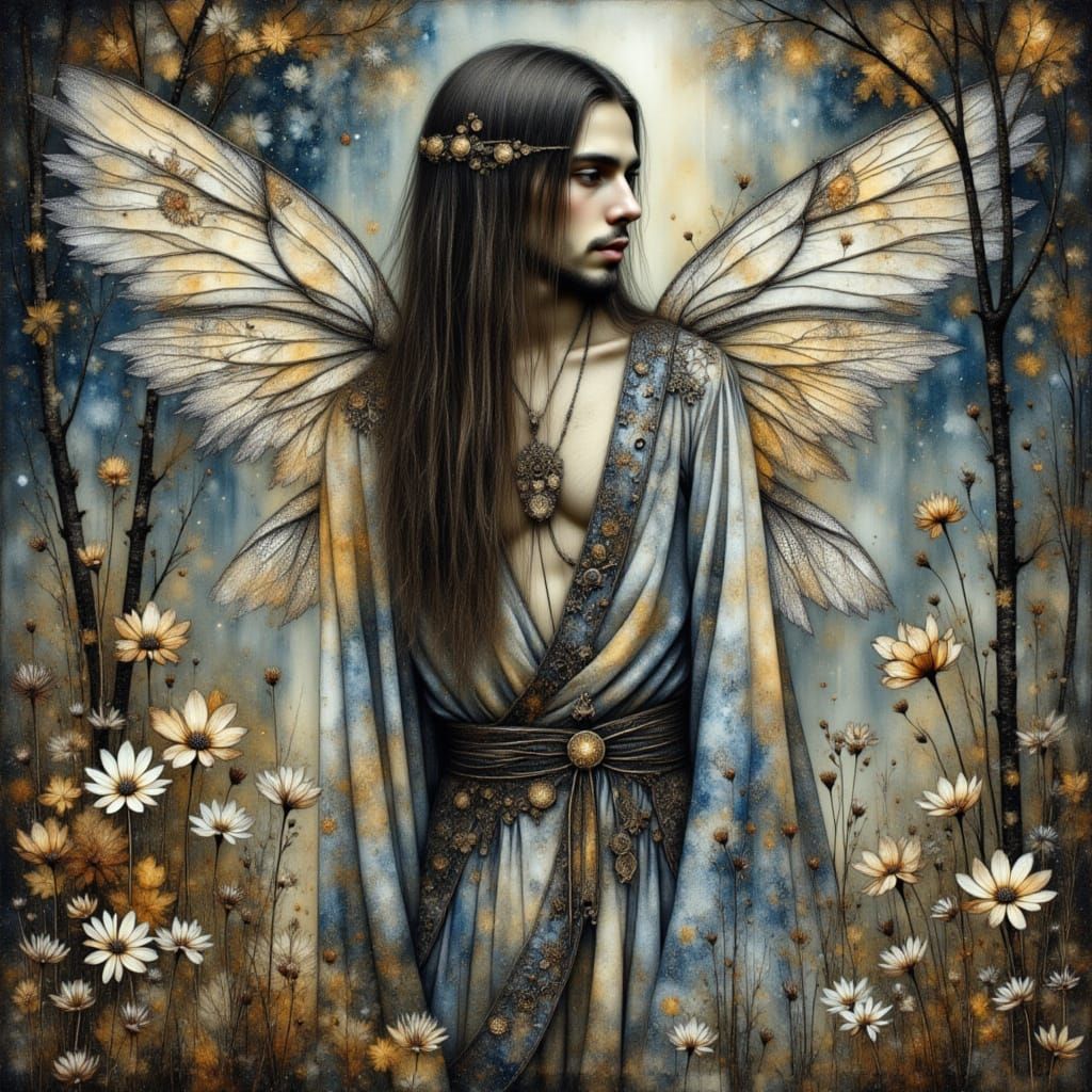 <lora:Crinkled Metallics:1.0> <lora:Shadow whimsy:1.0> <lora:Abyss:1.0> <lora:Enchanting Intensity:1.0> Watercolor drawing of a man fairy wi...