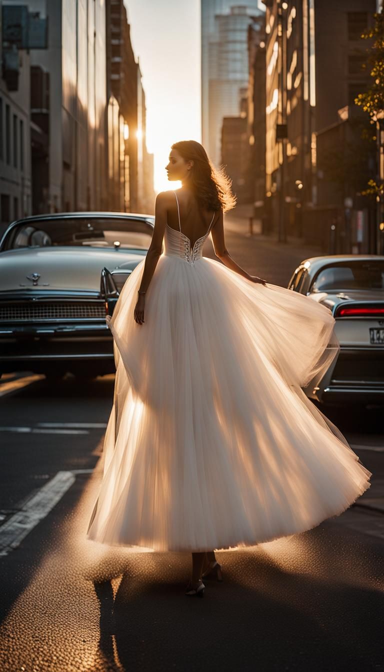 Tulle, white dress with tulle in a city