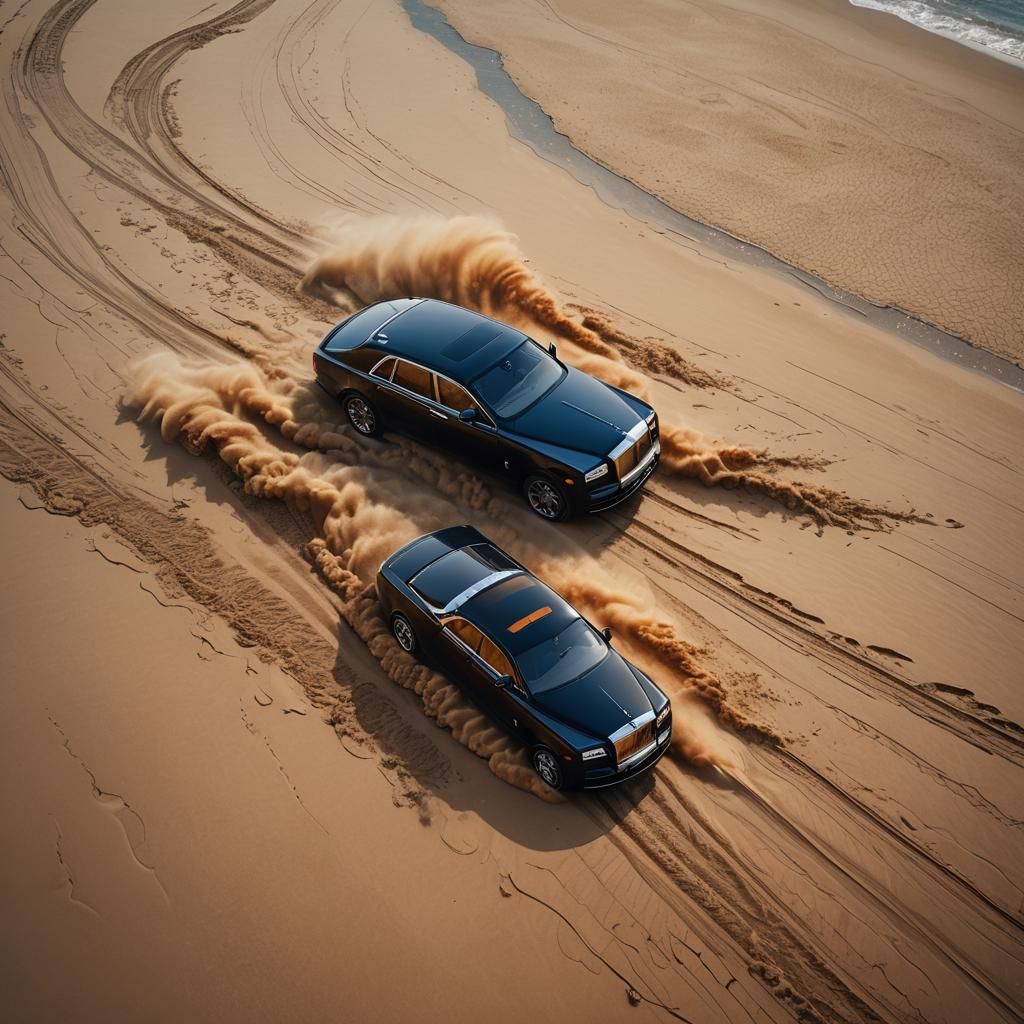 Black Rolls-Royce Speeds Across Golden Beach