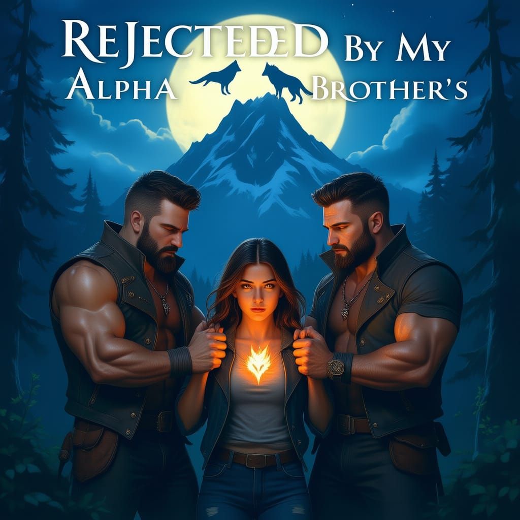 A werewolf book cover with the title REJECTED By My ALPHA BROTHER'S with two guys holding a girl with a fire wolf symbol on her neck, their ...