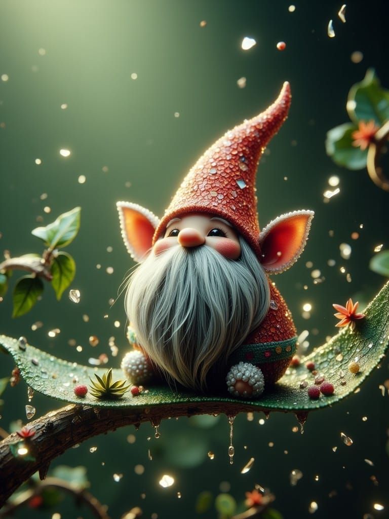 A cute adorable gnome sitting on a leaf, cinematic fantasy <lora:Cracked glass Flux:1.0> 