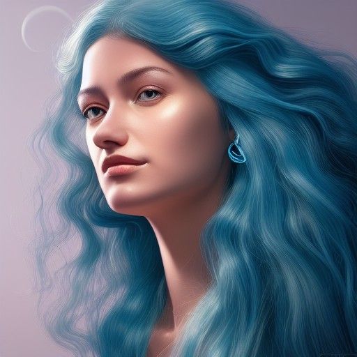 Portrait; sky-blue-skinned woman with loose, long, curly tea...